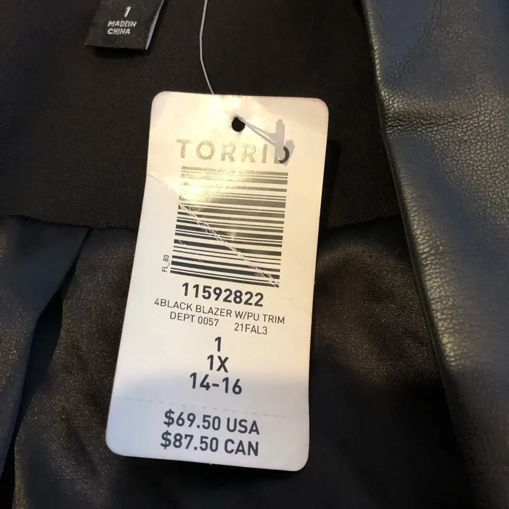Torrid black faux leather trim open front blazer jacket size 1 or 1X NWT